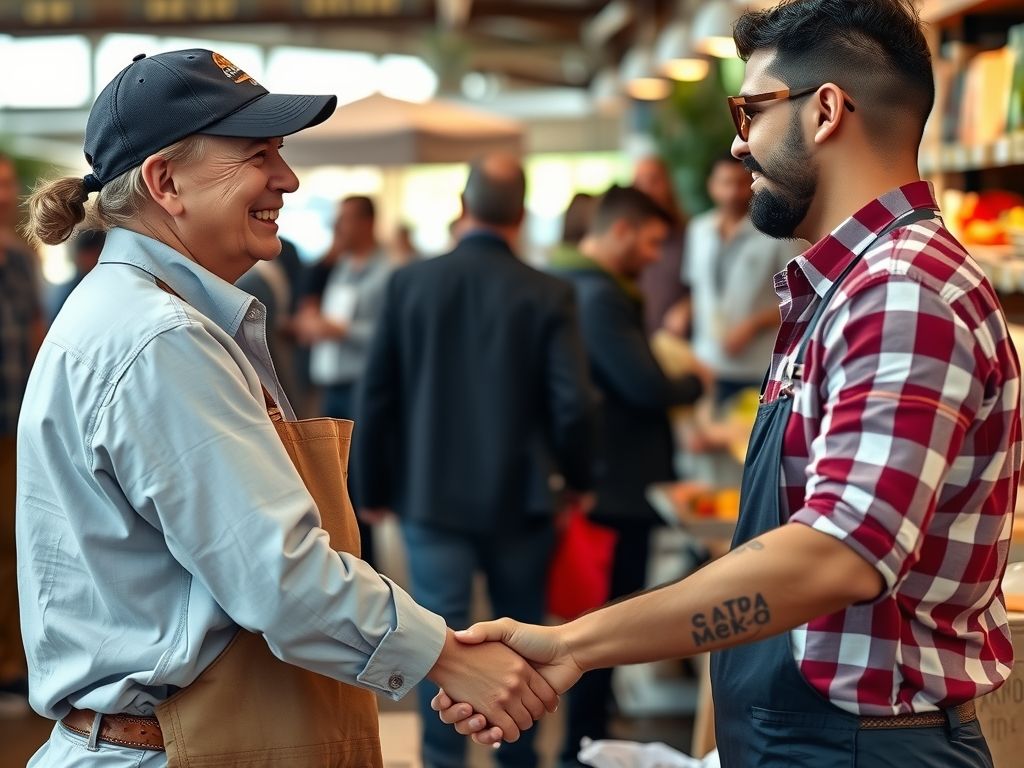 Two small business owners shaking hands at a market.