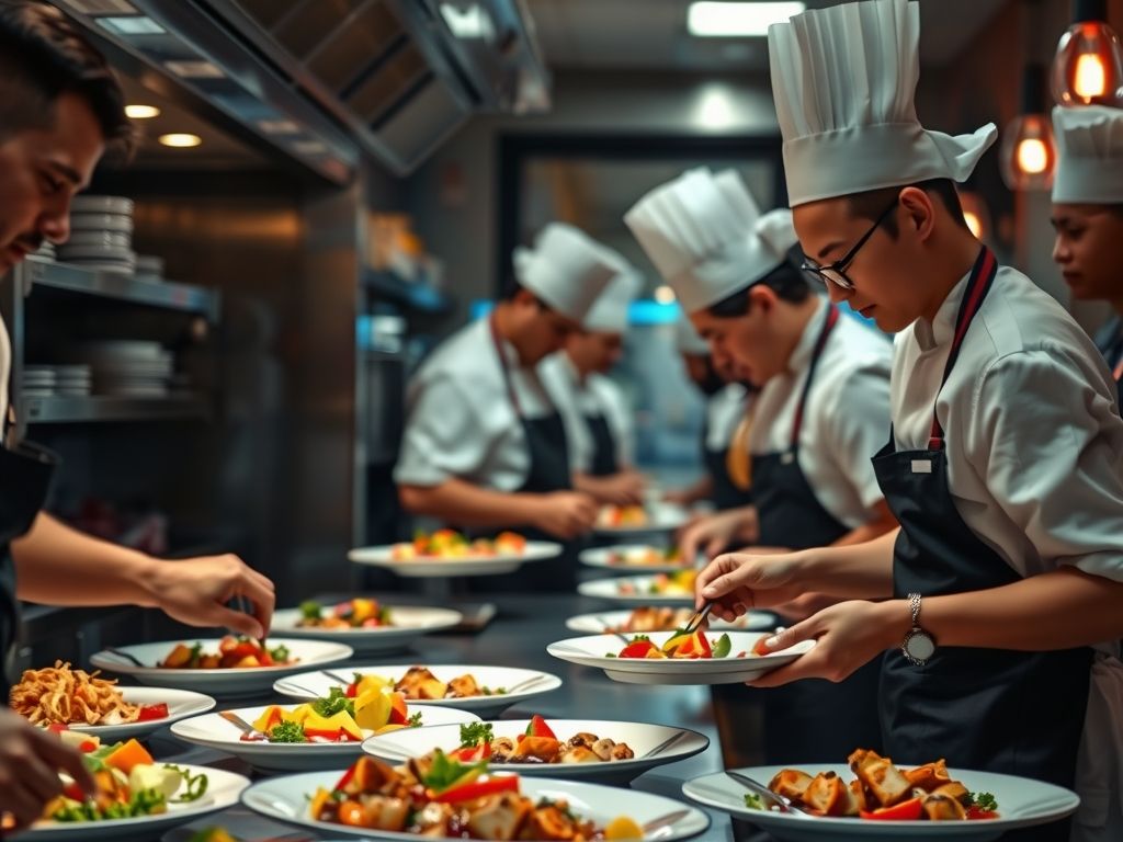 Chefs in a busy restaurant kitchen plating colourful dishes at the pass.