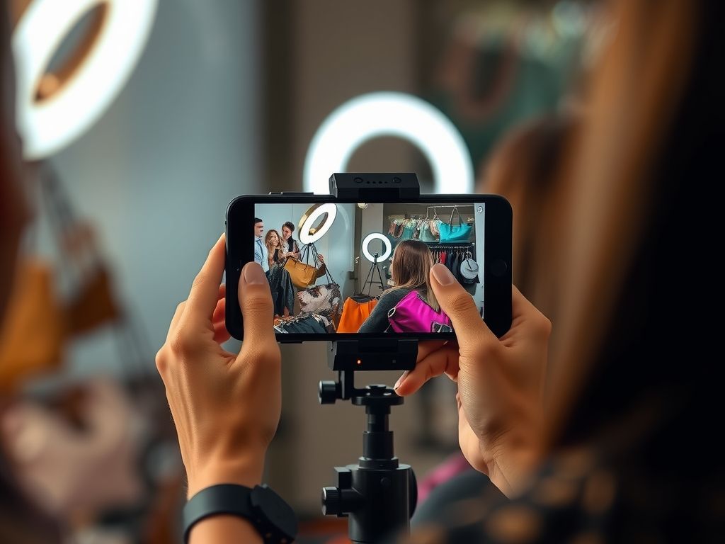 A seller live-streaming handbags from a phone on a ring light.