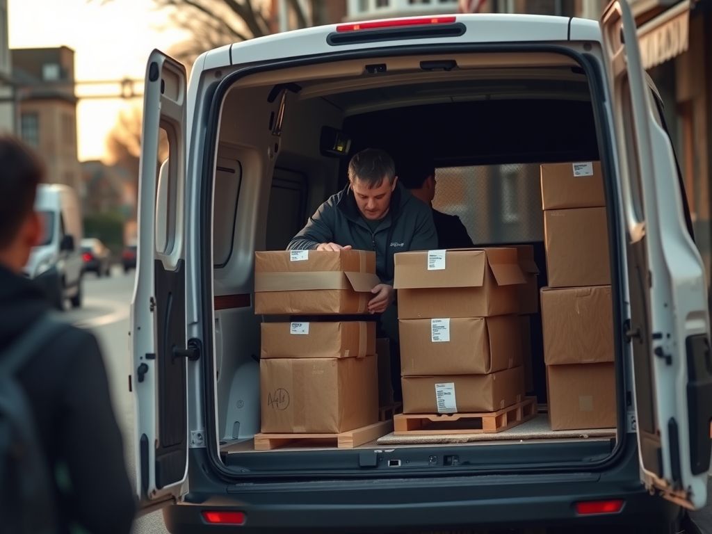 A driver loading plain brown parcels into the back of a white van on a quiet street.