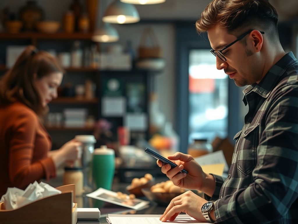 A shop owner writing up a phone order at the counter.
