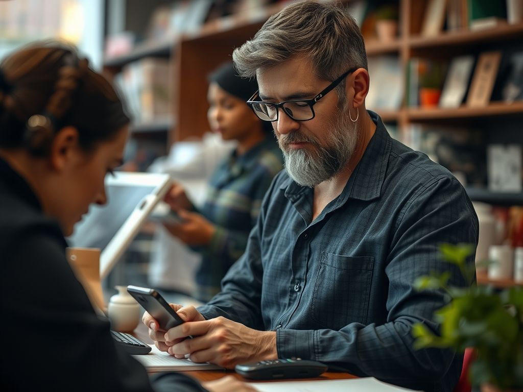 A shop owner typing quick replies to customers on a phone.