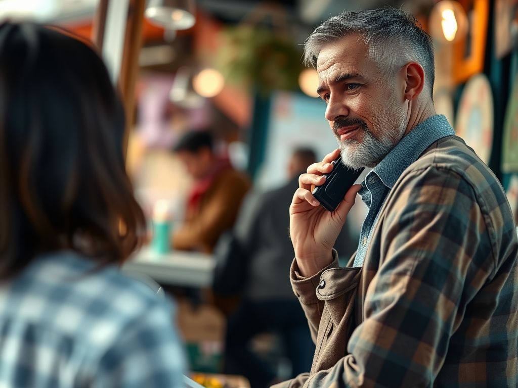 A business owner chatting with customers on a phone at a market stall.