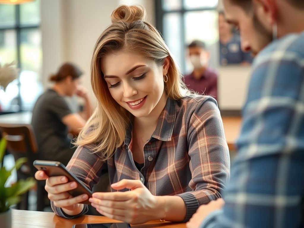 A woman building a website on her phone at a cafe.