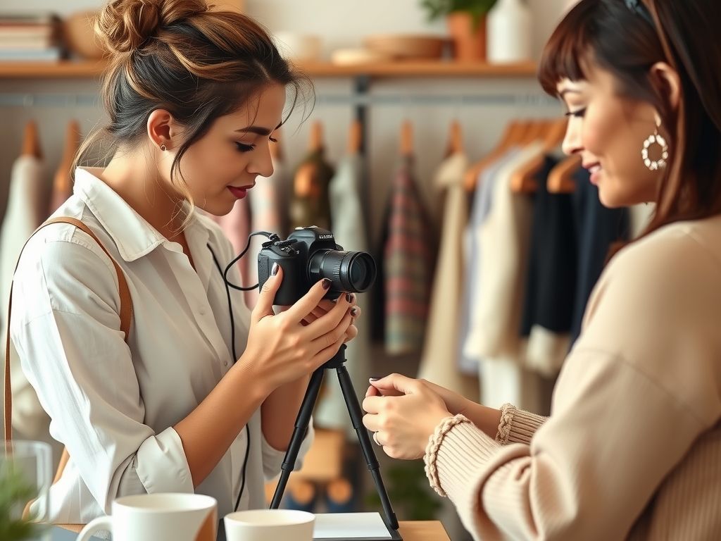 A boutique owner photographing products for her online store.