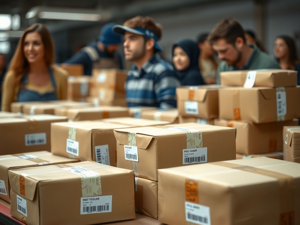 Parcels on a packing table with labels and tape.