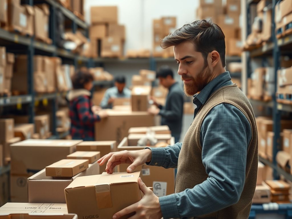 A small business owner packing orders into boxes in a stockroom.