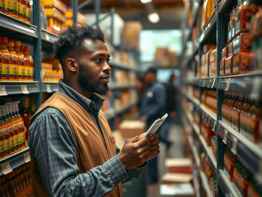 A worker picking products from shelves with a printed pick list.