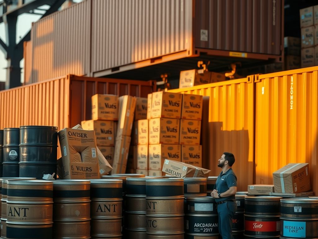 Barrels and boxes stacked at a shipping depot ready for a container.