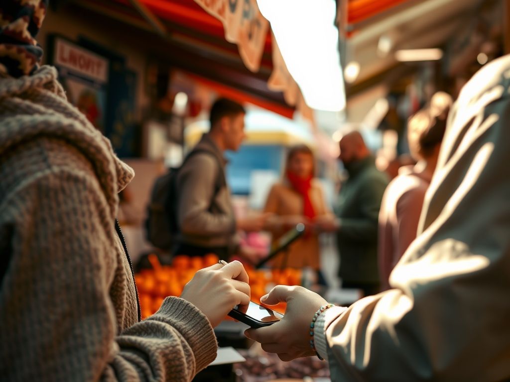 A customer tapping a phone to pay at a market stall.