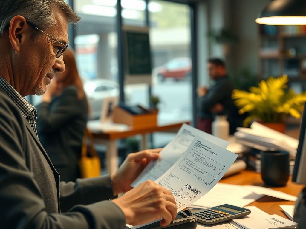 A seller sorting tax forms and receipts at a desk with a calculator.