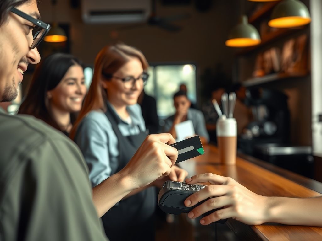 A customer tapping a card on a card reader at a coffee shop.