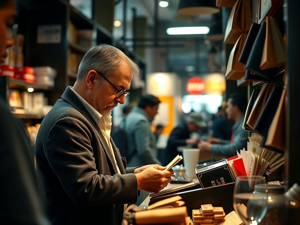 A shop owner counting cash at closing time.