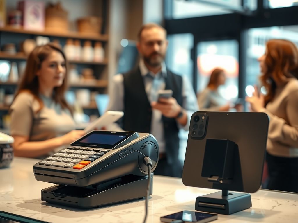A receipt printer, card reader and tablet on a shop counter.