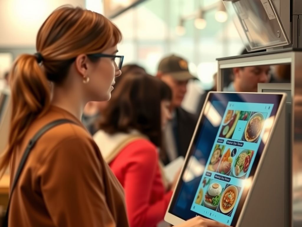 A customer ordering food on a self-service kiosk screen.