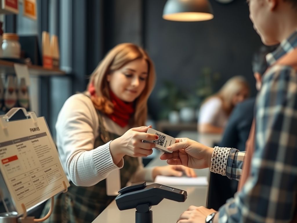 A customer scanning a QR code on a counter stand to pay.