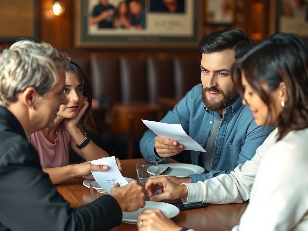 Friends splitting the bill at a restaurant table.