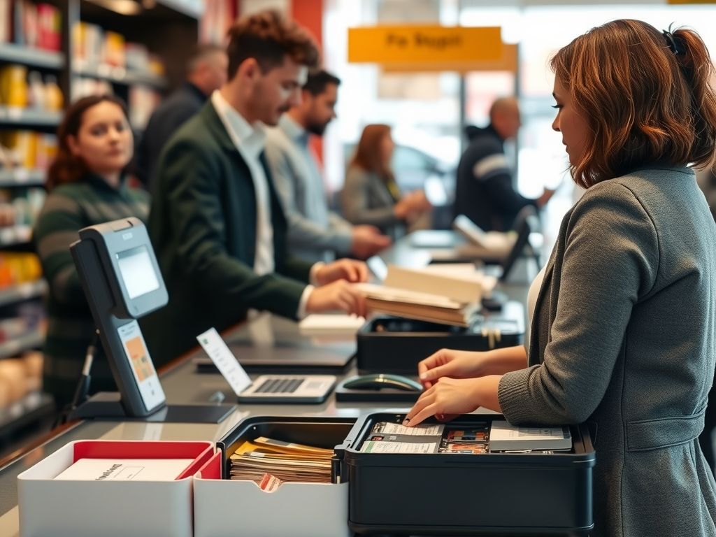 A cashier at a shop counter with a cash drawer open.