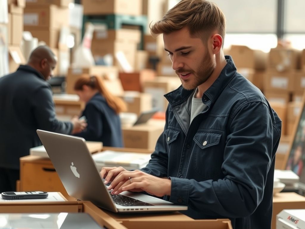 A seller updating product listings on a laptop surrounded by stock.