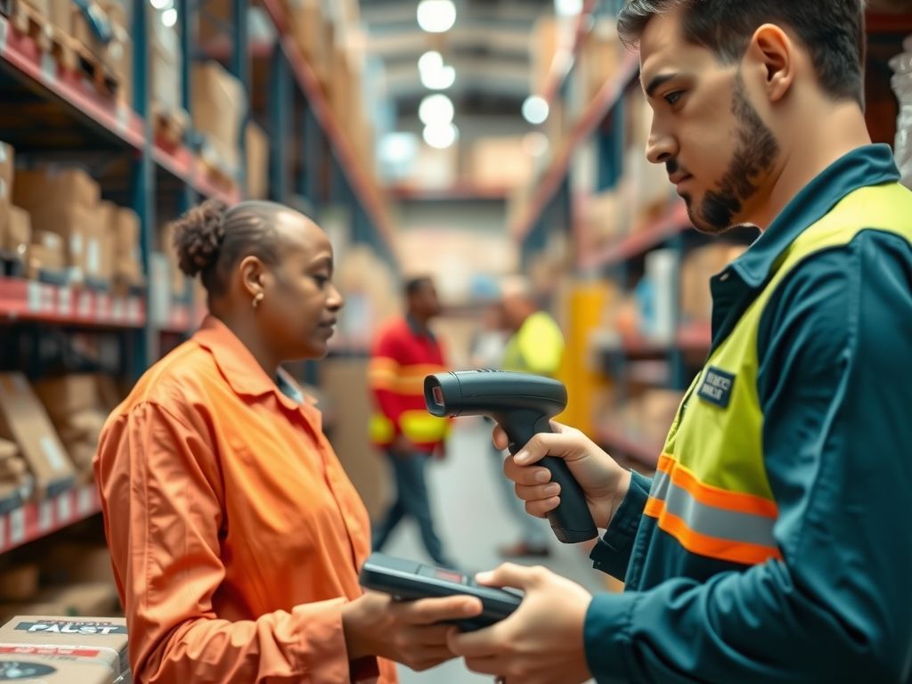 A worker scanning a product with a handheld scanner in a tidy stockroom.