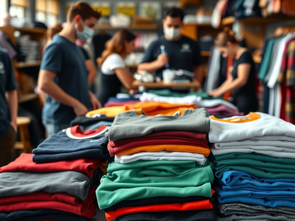 T-shirts in several colours and sizes folded on a shop table.