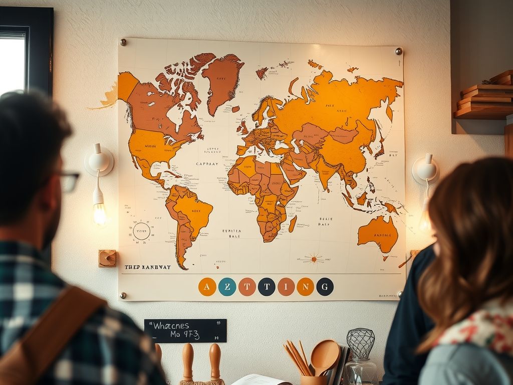 A map on a wall with pins showing where a small shop sells.