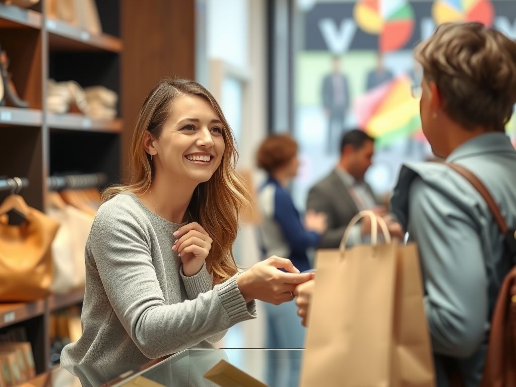 A happy shopper paying at a boutique counter with a shopping bag.