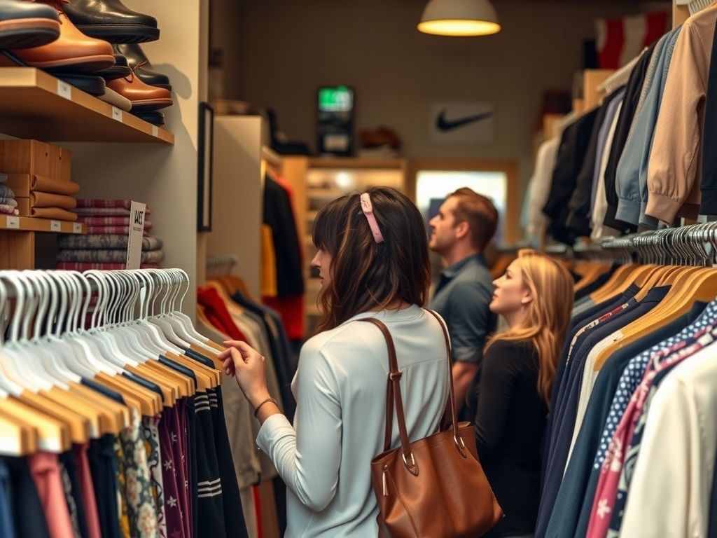 Shoppers browsing a sale rack in a small clothing store.