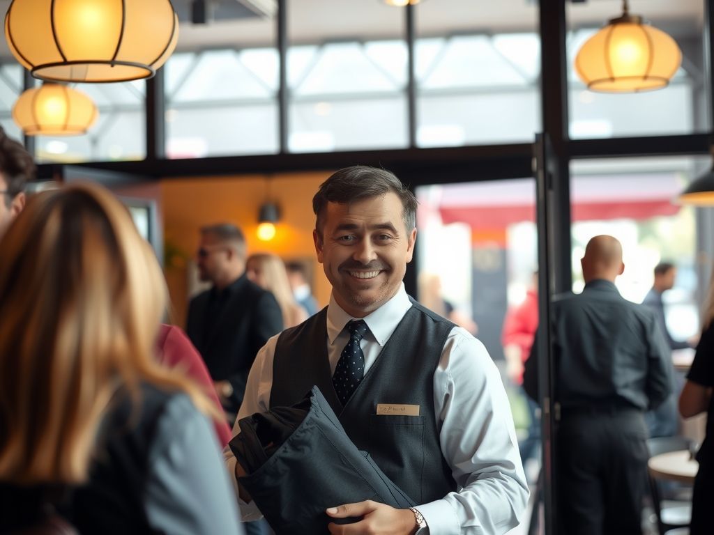 A host greeting guests at the entrance of a busy restaurant.