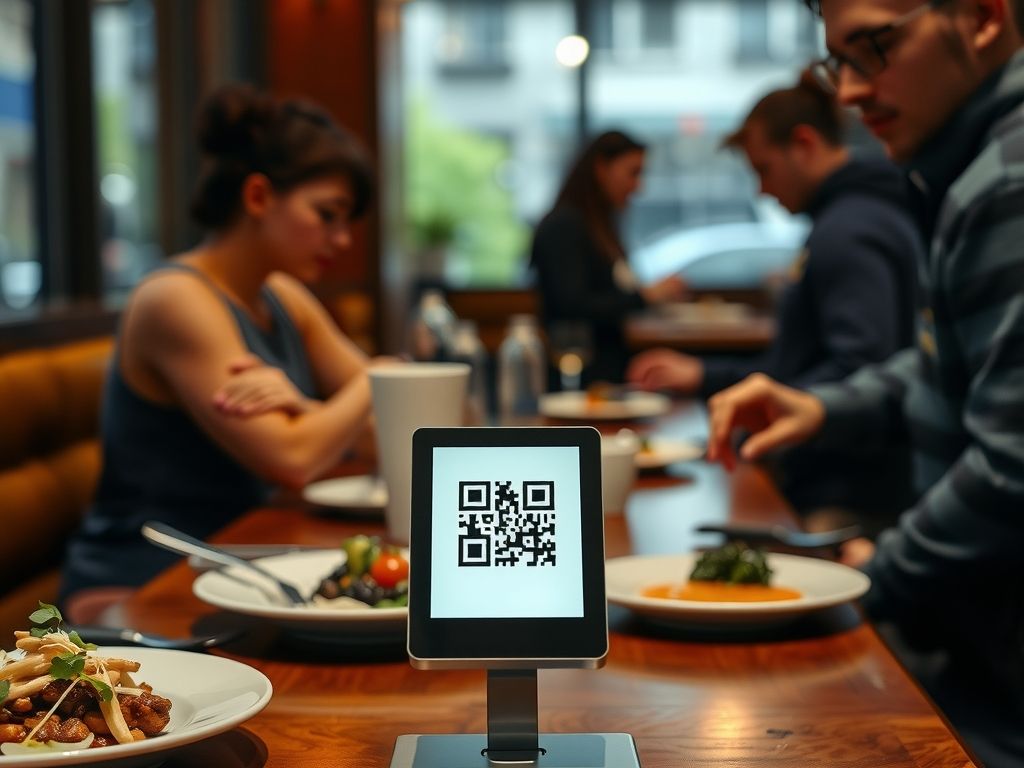 A QR code stand on a restaurant table next to plates of food.