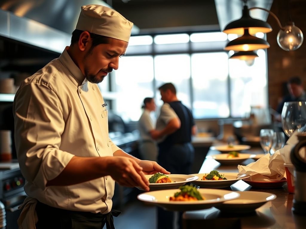 A chef plating a dish in a restaurant kitchen.