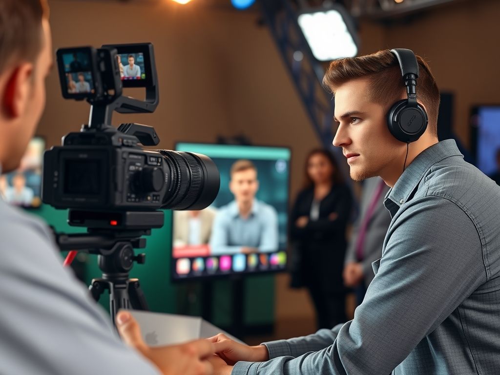 A presenter hosting a live online show with a camera and lights.