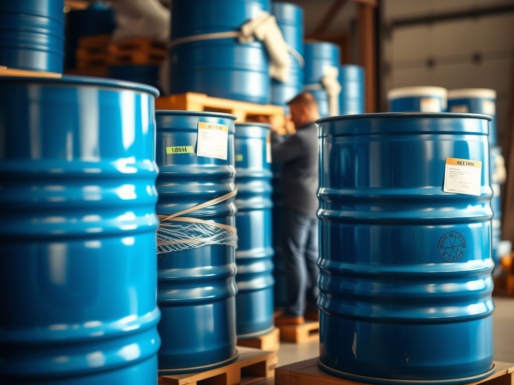 Blue shipping barrels being packed for overseas delivery.