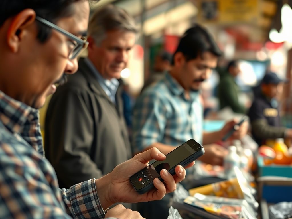 A spare phone being used as a payment terminal at a market stall.