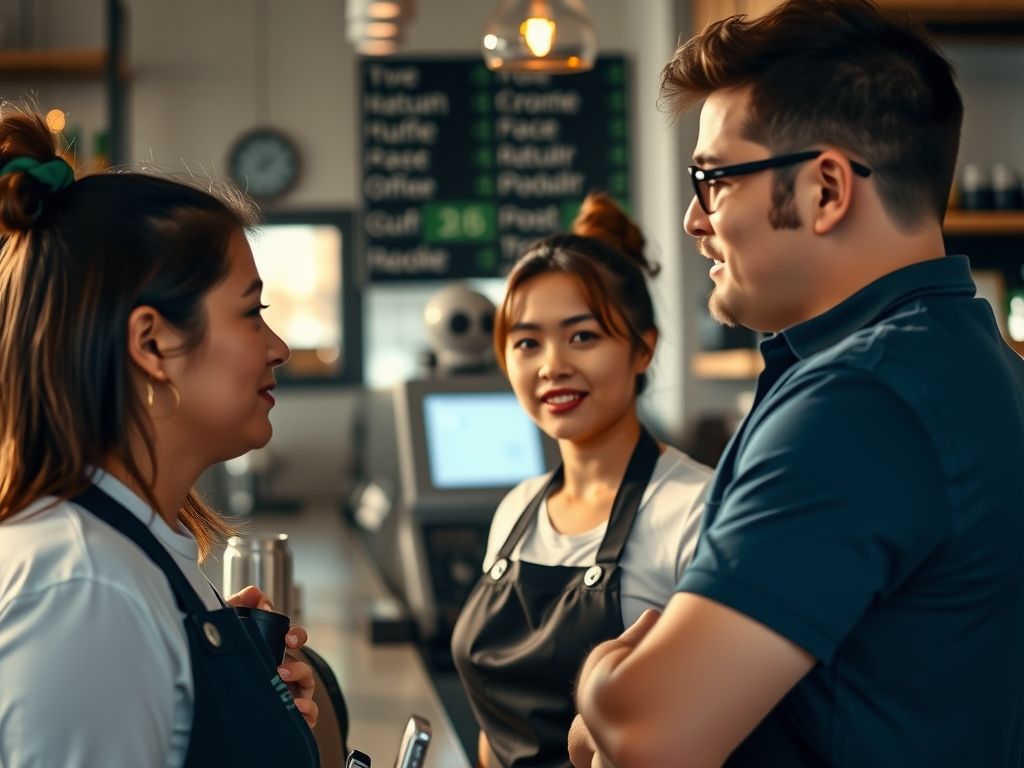 A cafe team clocking in at the start of a shift.