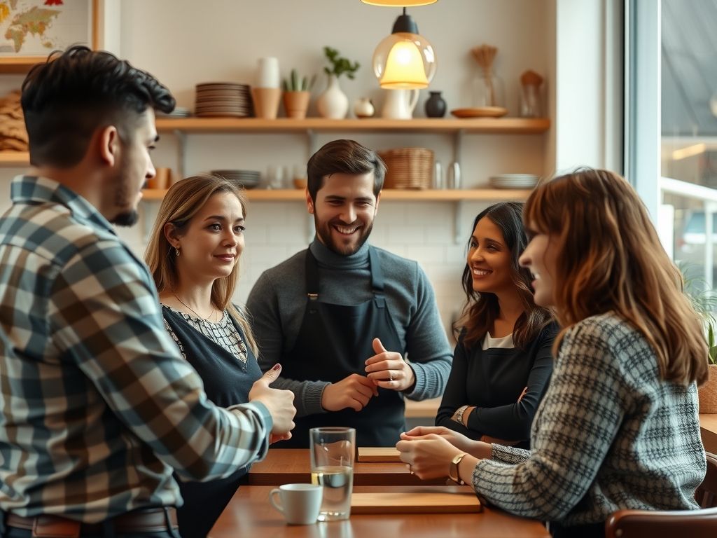 A small cafe team gathered for a quick meeting before opening.