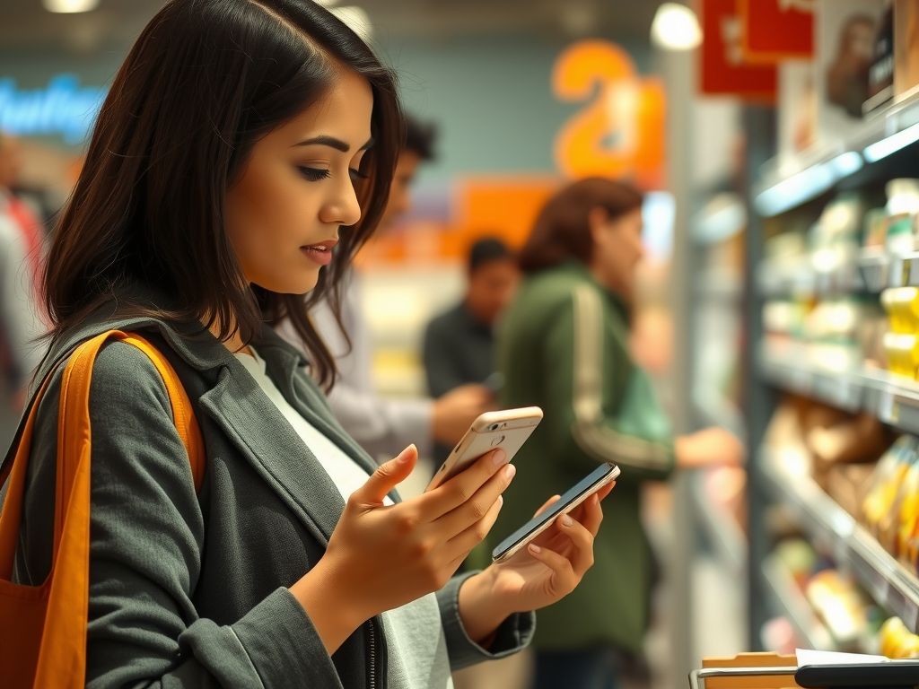 A shopper on her phone getting a reminder about her cart.