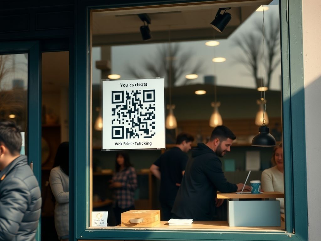 A small shop front with a sign and a QR code in the window.