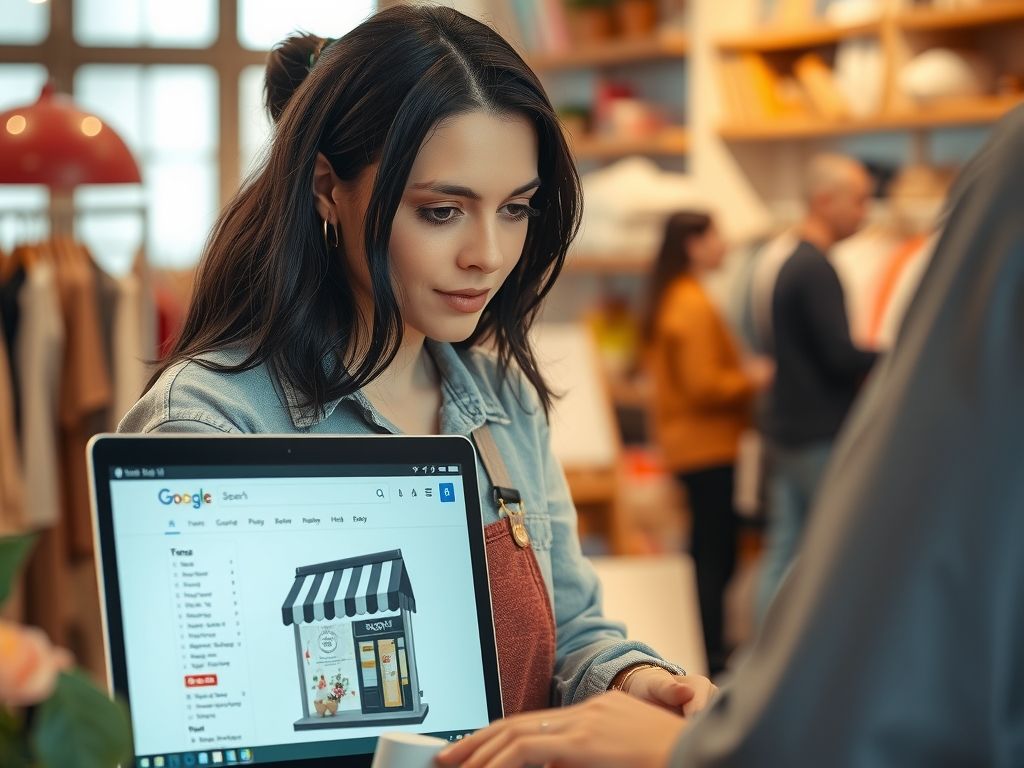 A shop owner checking her store in search results on a laptop.