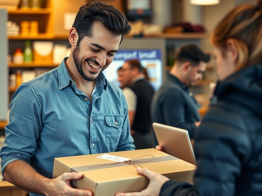 A happy customer opening a parcel from a trusted small shop.