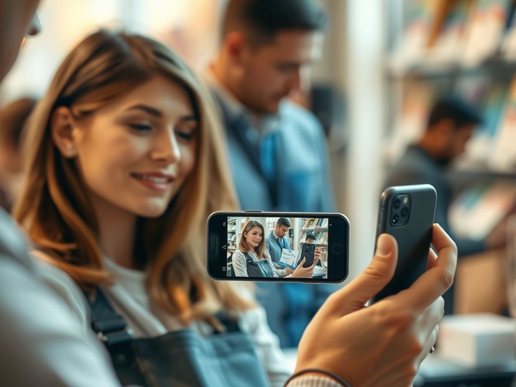 A seller recording a short vertical video of a product on her phone.
