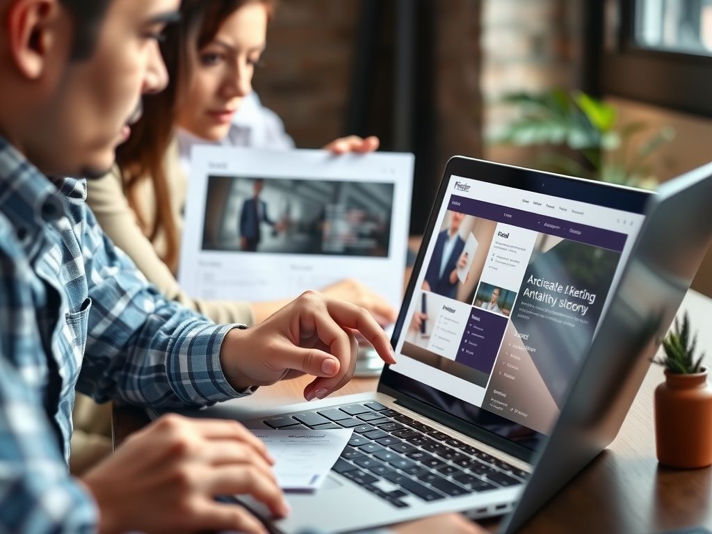 A web designer arranging a page layout on a laptop.