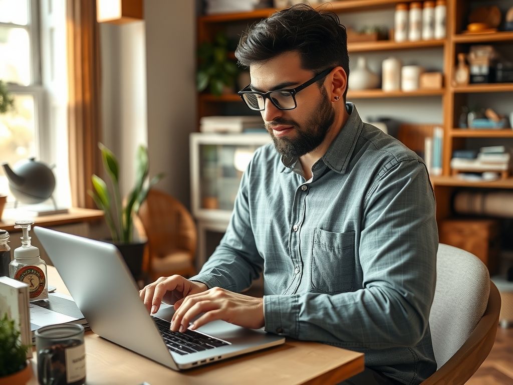 A store owner managing products on a laptop in a home office.