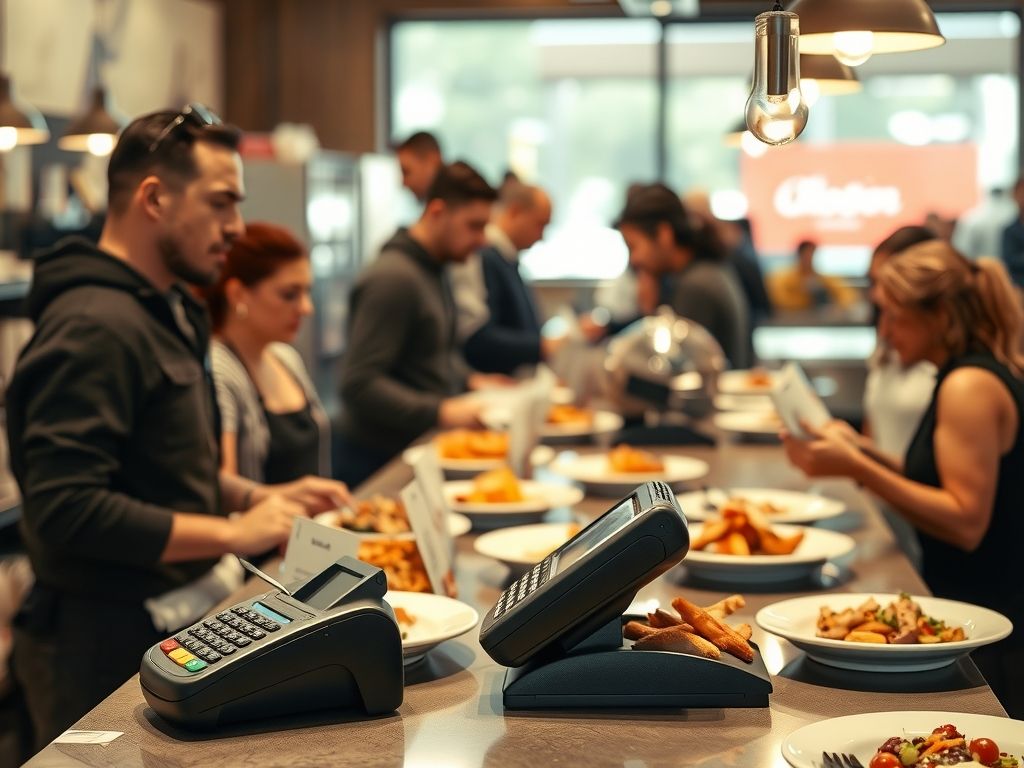 A busy restaurant counter with a card terminal and plates of food.