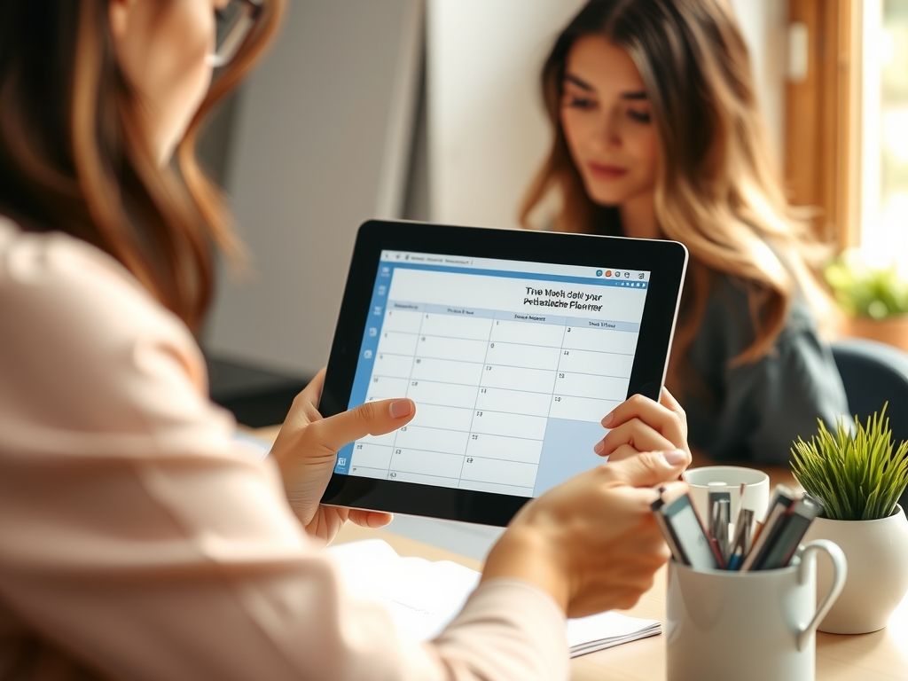 A designer selling printable planners from a tablet at her desk.