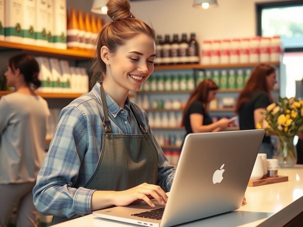 A small shop owner smiling at a laptop on a counter with neatly arranged products on shelves behind her.