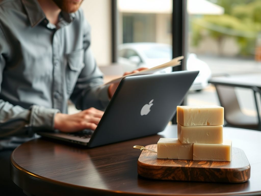 A man reading on a laptop at a cafe table next to a small stack of plain unwrapped handmade soap bars on a wooden board, nothing else on the table.