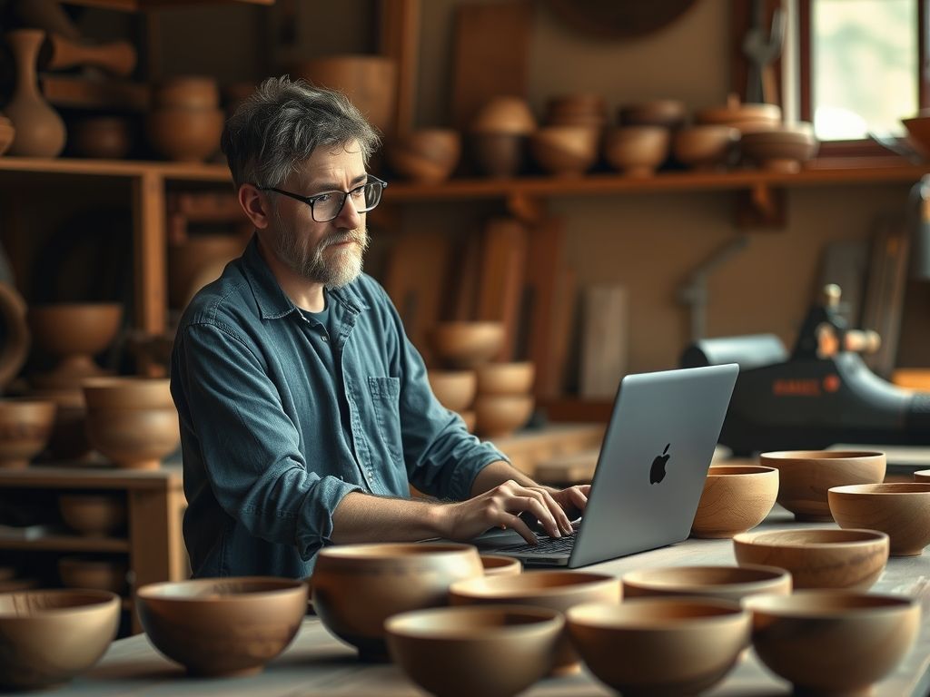 A woodworker at a laptop on a workbench surrounded by handmade wooden bowls, warm light.