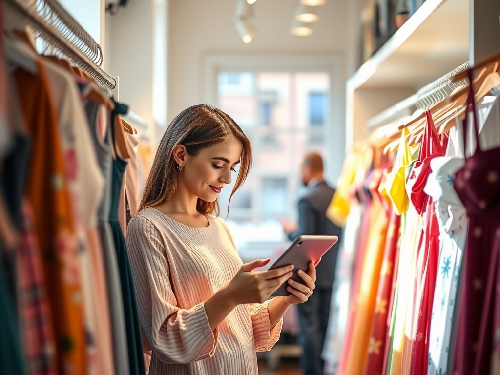 A woman in a small bright boutique checking a tablet beside a rail of colourful dresses.