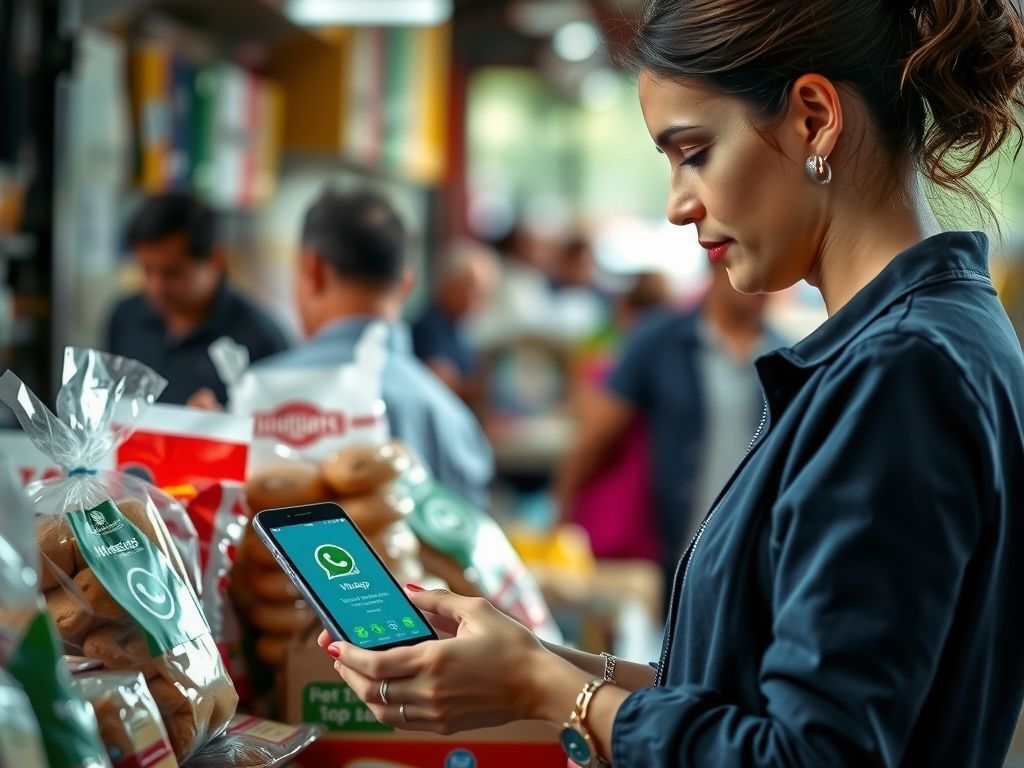 A seller taking an order on WhatsApp on her phone next to packaged goods.
